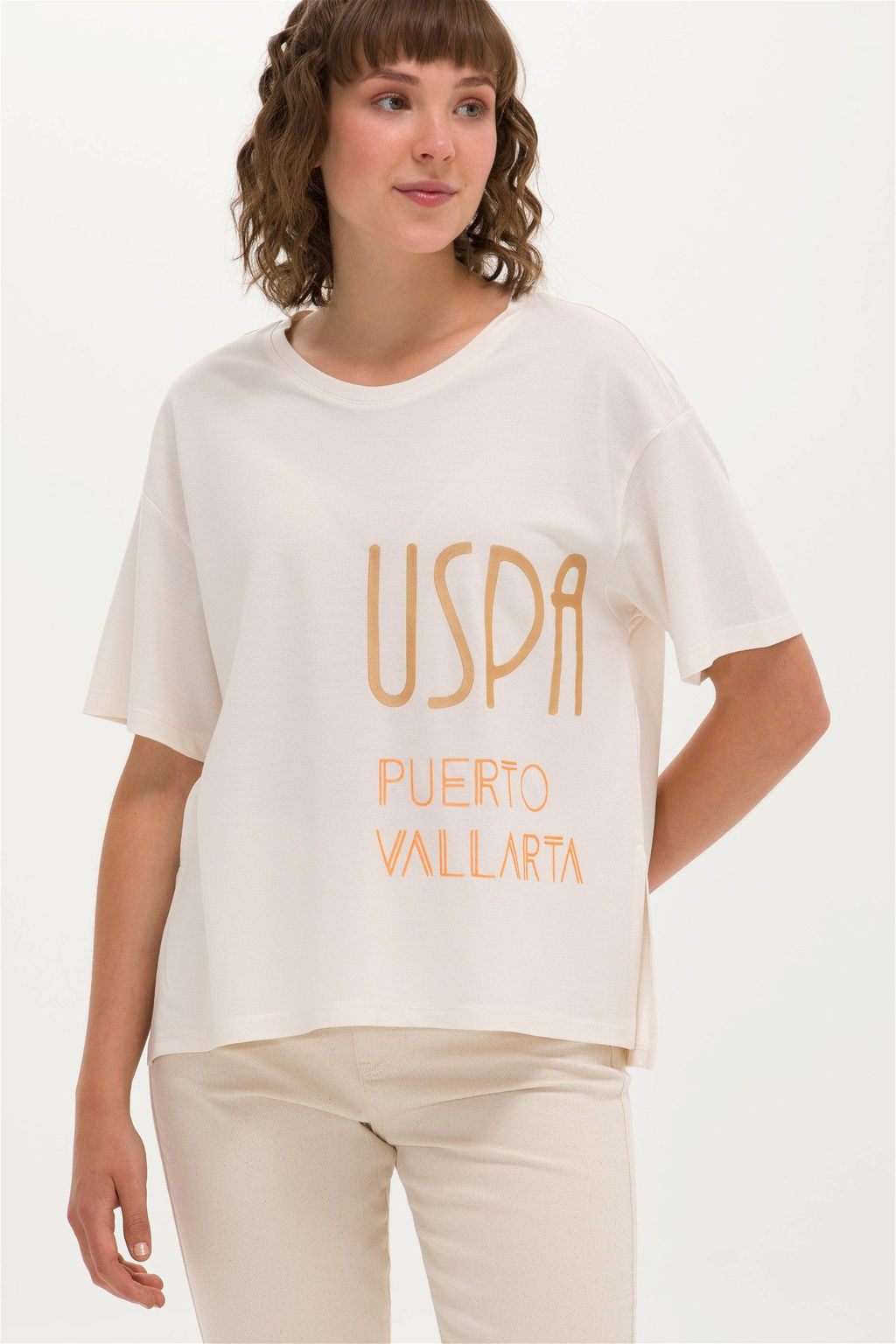 Женская кремовая футболка с круглым вырезом Неожиданная скидка в корзине - U.s. polo assn фото 3