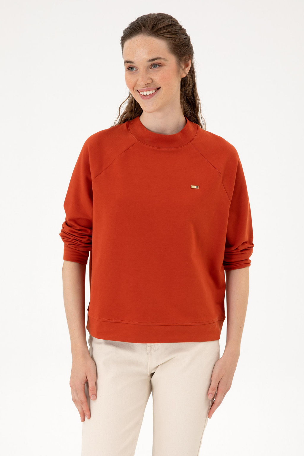 Kad_n Kiremit Regular Bisiklet Yaka Basic Sweatsh_rt