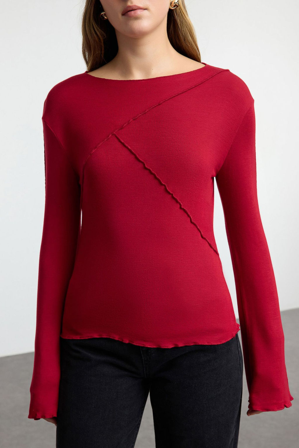 Bordo Nervur Detayl? Fitted/Vucuda Oturan Ispanyol Kol Orme Bluz TWOAW25BZ00244