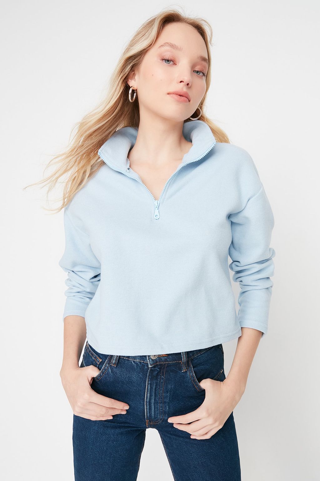 Mavi Selanik/Triko Gorunumlu Fermuarl? Yaka Regular/Normal Kal?p Orme Sweatshirt TWOAW22SW0732