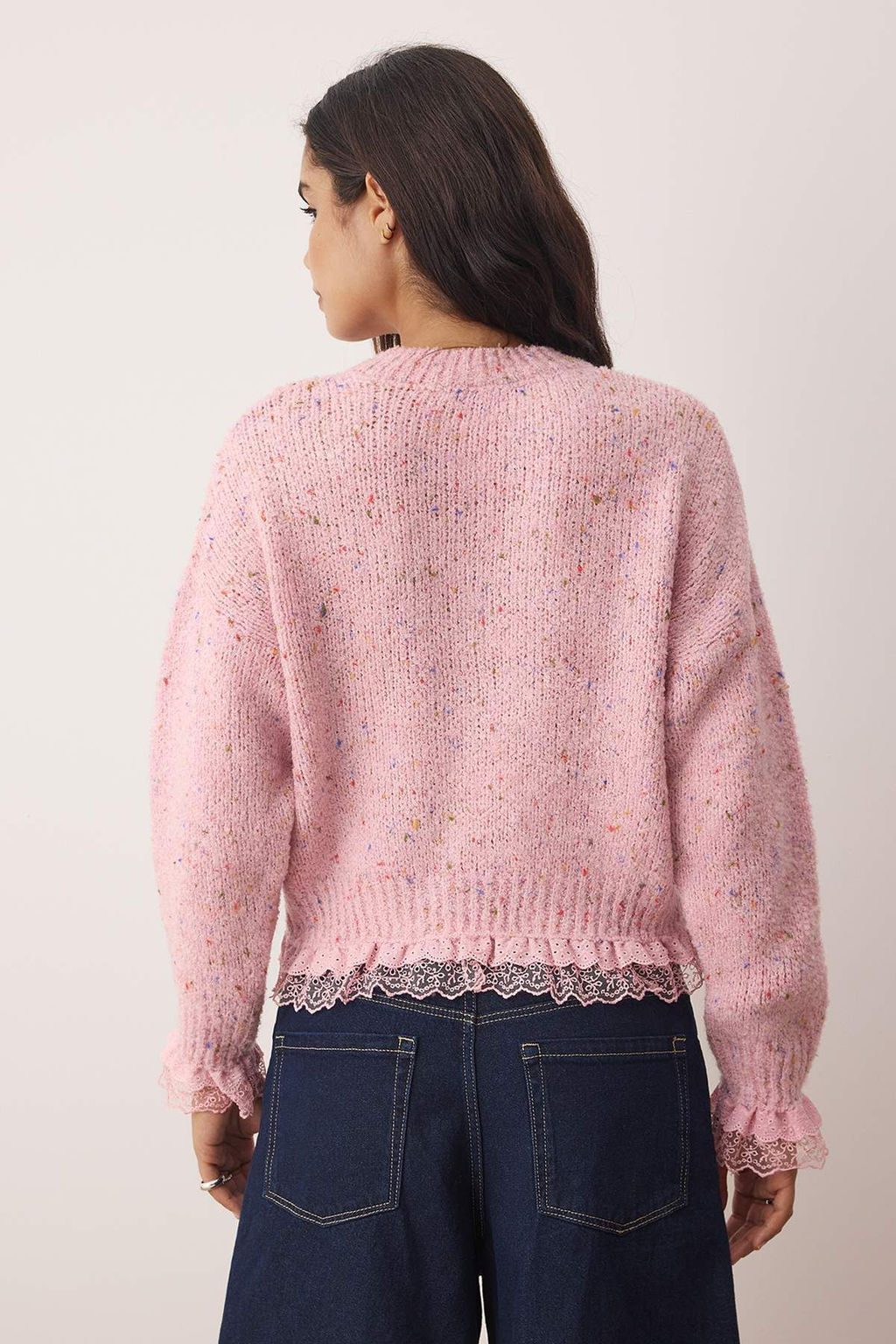 Pembe Nopeli Genis Kal?p Dantel Garnili Triko Kazak TWOAW26KZ00058 - Trendyolmilla фото 4