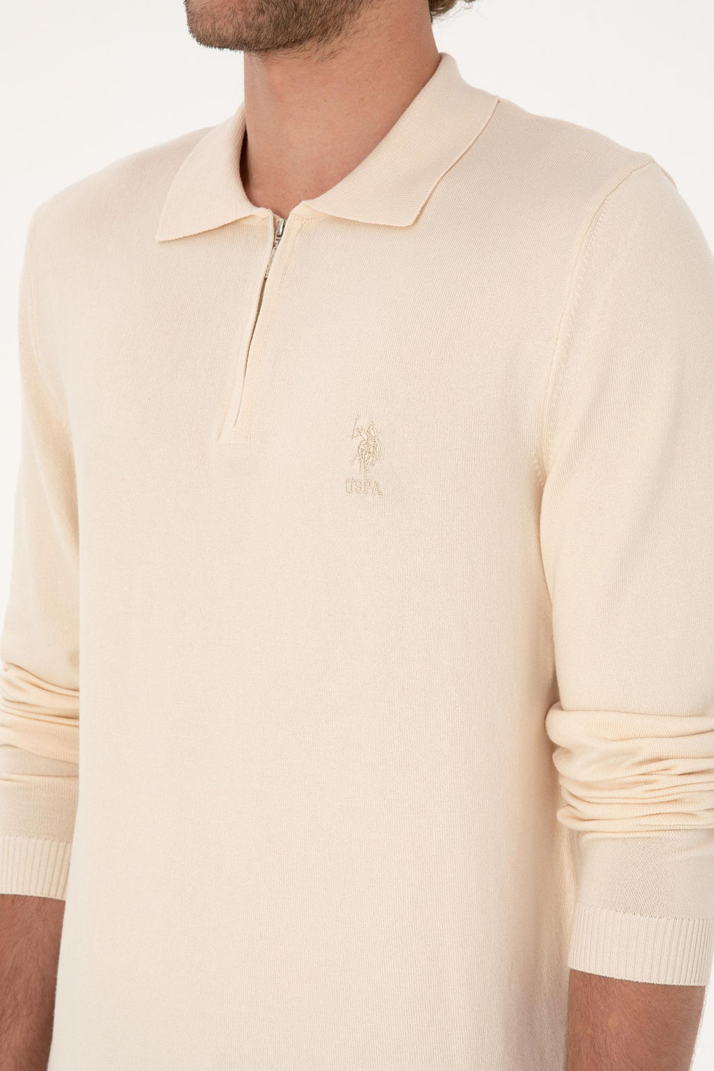 Erkek Slim Fit Yar_m Fermuarl_ Polo Yaka Krem Kazak