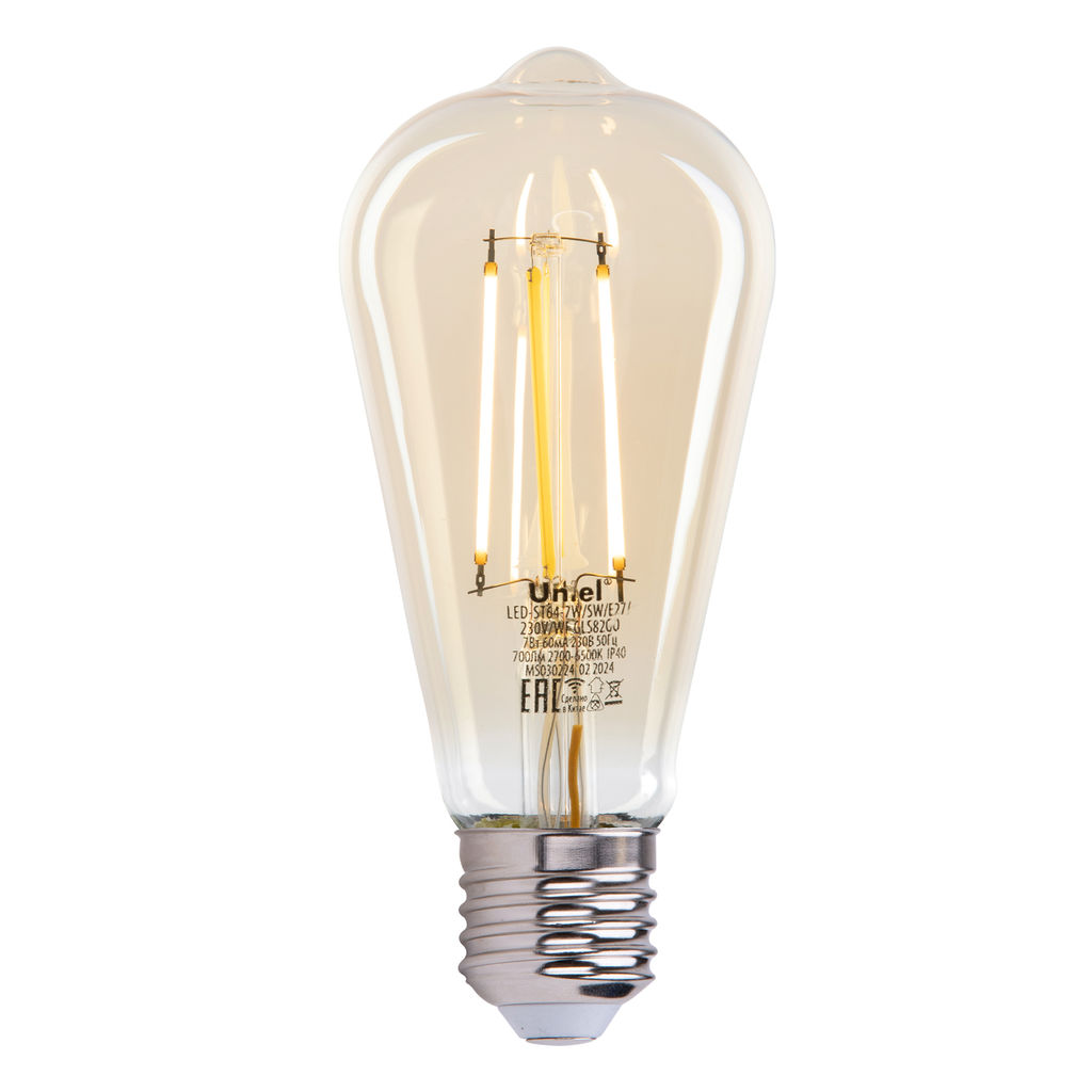 LED-ST64-7W/SW/E27/230V/WF GLS82GO Умная лампа светодиодная Wi-Fi+Bluetooth, диммируемая. Форма "конус", золотистая. Стеклянная колба. 2700-6500K. Голосовое управление+приложение UnielSmart. TM Uniel