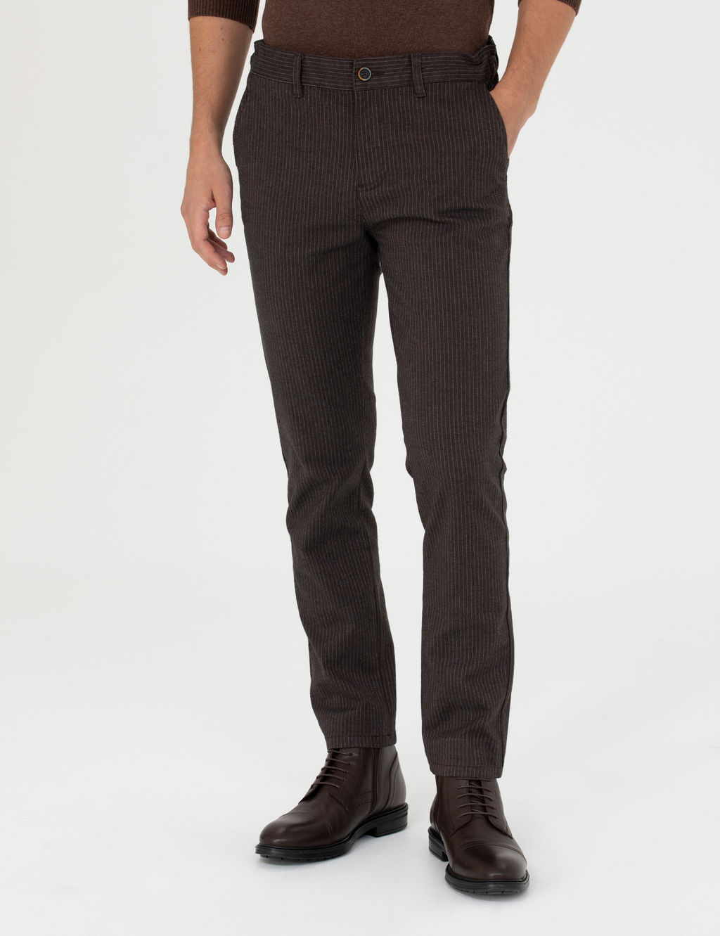 Kahverengi Slim Fit _izgili Kanvas Pantolon