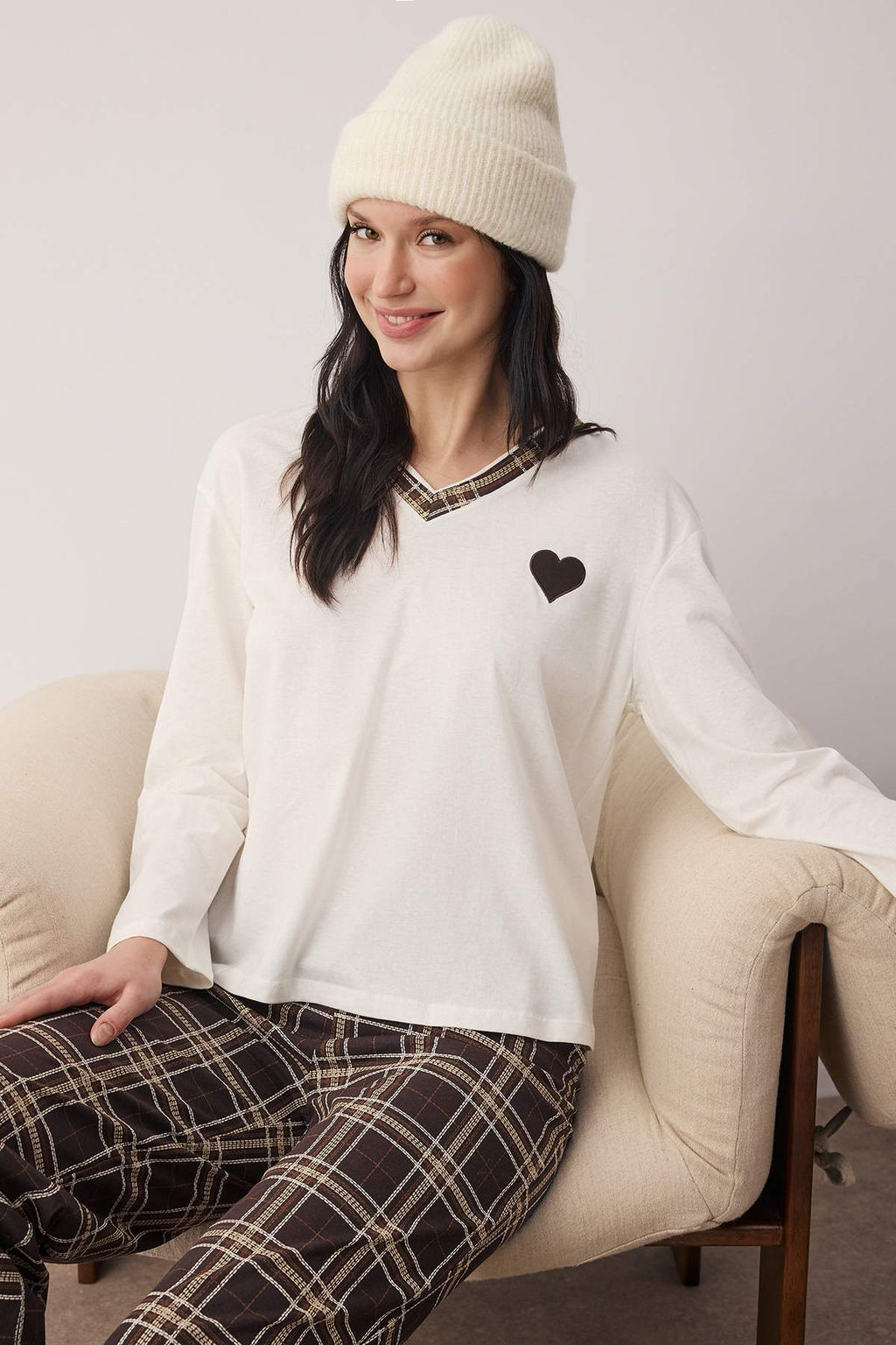 Siyah %100 Pamuklu Kalpli Ekoseli Orme Pijama Tak?m? THMAW26PT00063