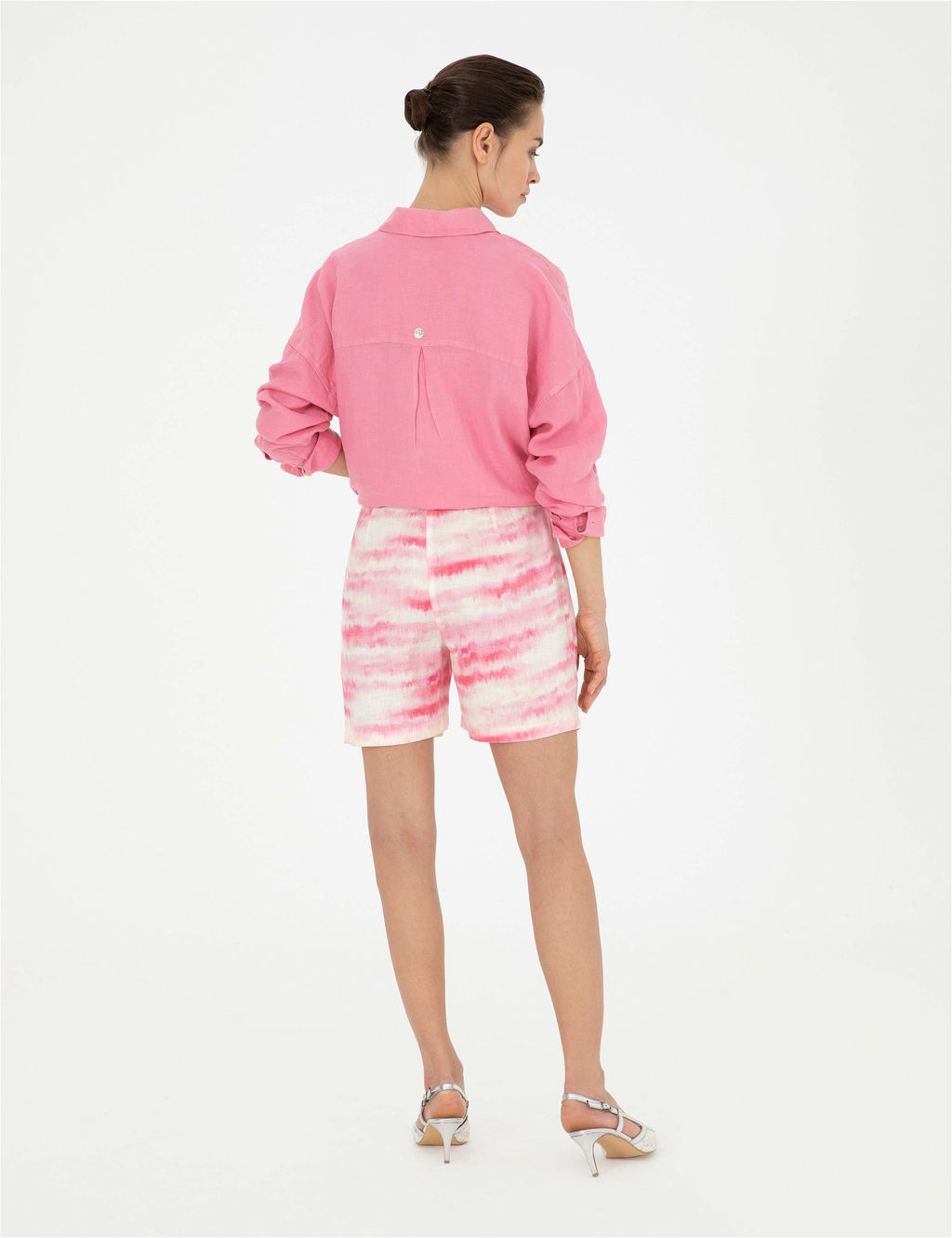 Pembe Keten Rahat Kesim Bermuda _ort