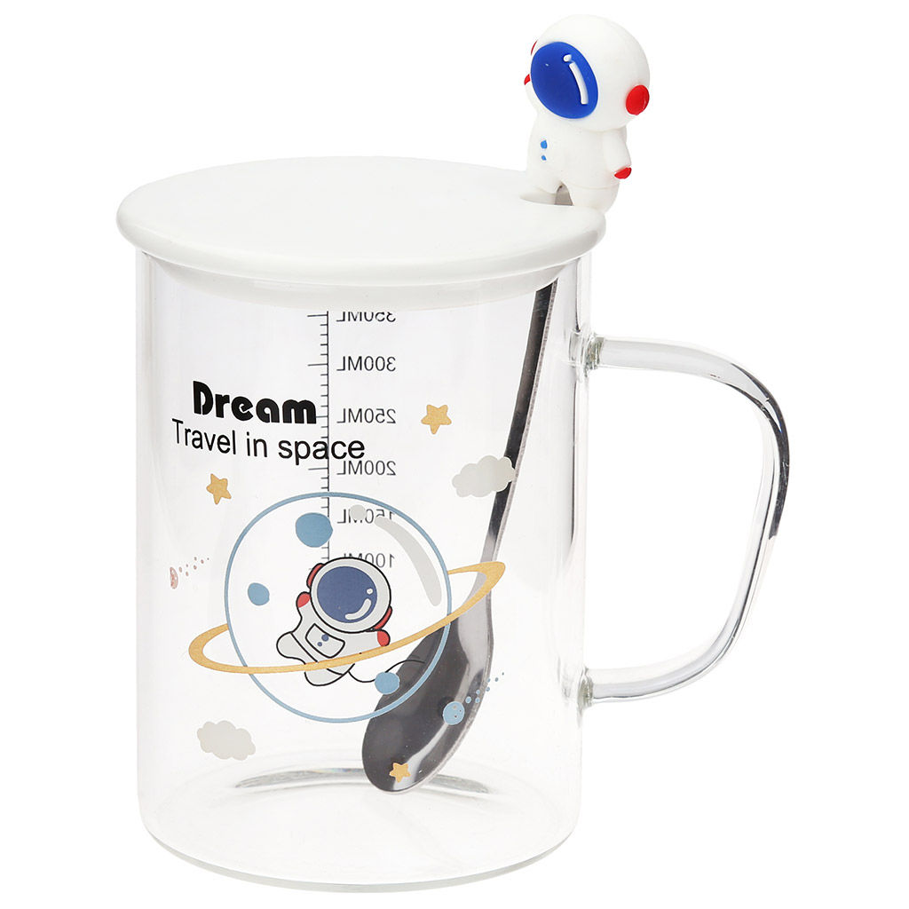 Кружка стеклянная Путешествие в космос 450мл, д8см h11см, д/основания 7,4см, тонкостенное стекло, деколь в ассортименте, фарфоровая крышка, ложка нерж. с декором 15см, с мерной шкалой, в подарочной коробке (Китай) - Домашняя мода фото 3