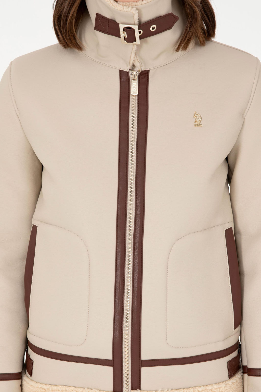 Женская кожаная куртка цвета экрю - U.s. polo assn фото 6