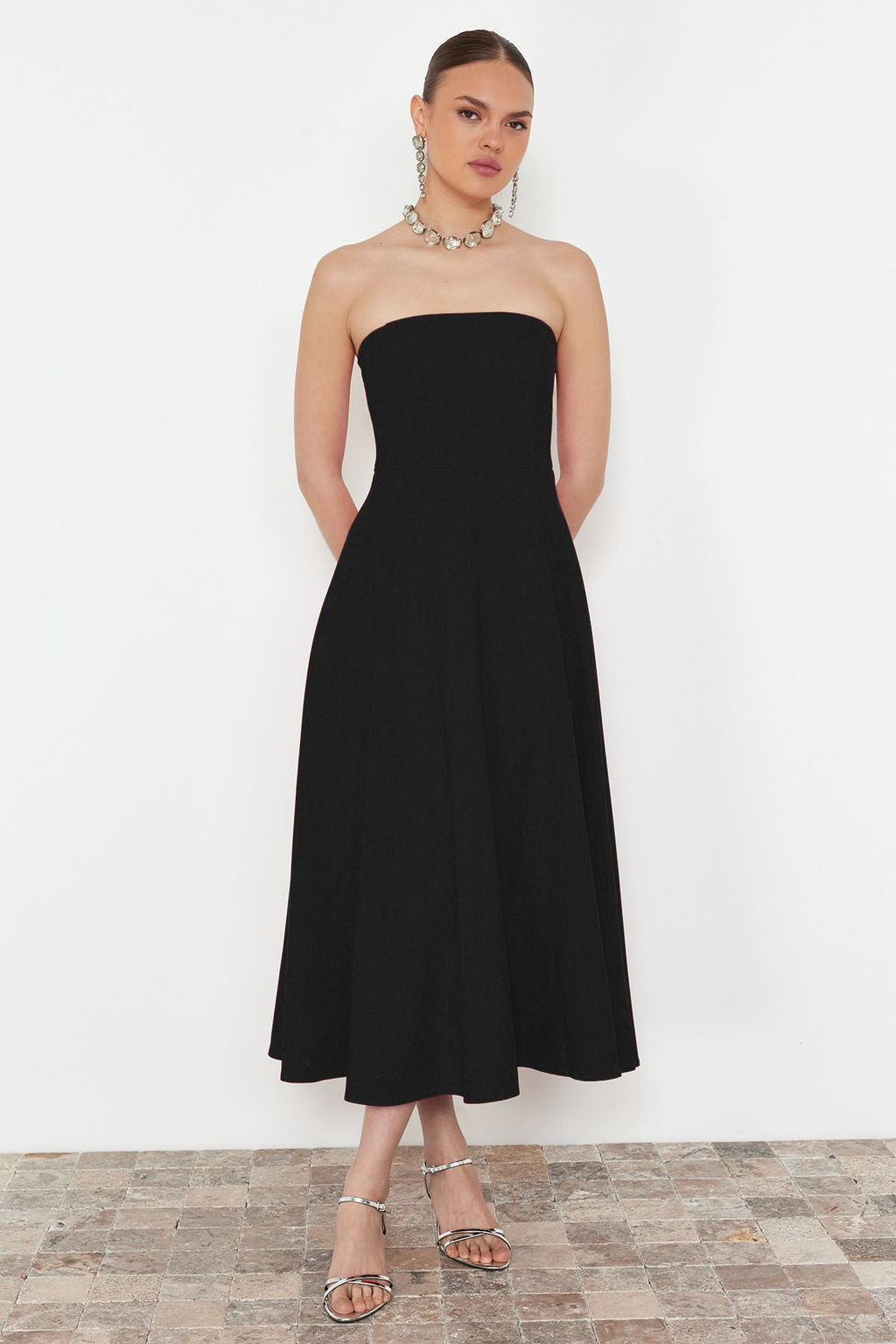 Siyah A-Kesim Straplez Dokuma S?k Abiye Gece Mezuniyet Elbisesi TPRSS24EL00139