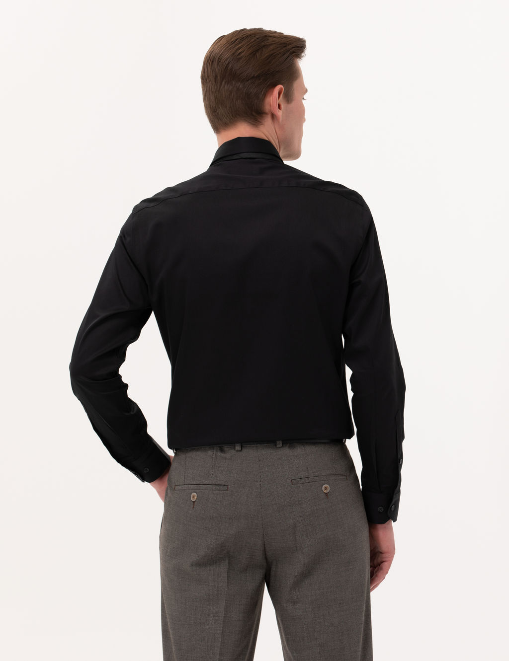 Siyah %100 Pamuk Parlak Saten Slim Fit Uzun Kollu Basic G_mlek