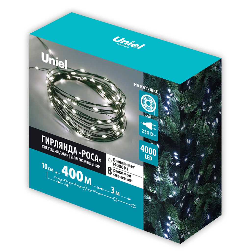 ULD-S40000-4000/DGA WHITE IP20 DEW Гирлянда светодиодная Роса, 400м. 4000 светодиодов. Белый свет. Провод зеленый. ТМ Uniel - Volpe фото 11