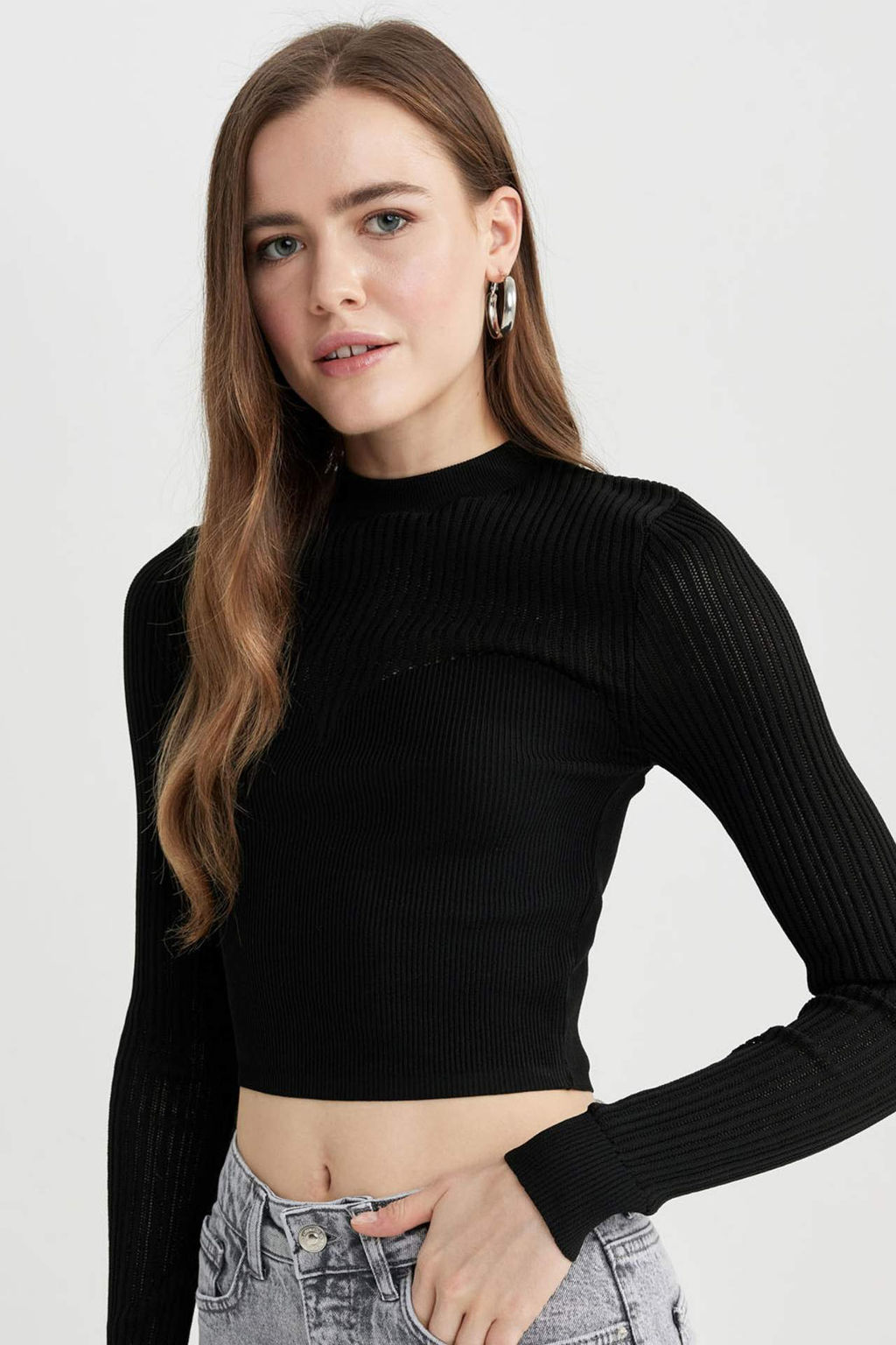 Crop Yar?m Bal?kc? Yaka K?rm?z? Triko Kazak - Defacto фото 2