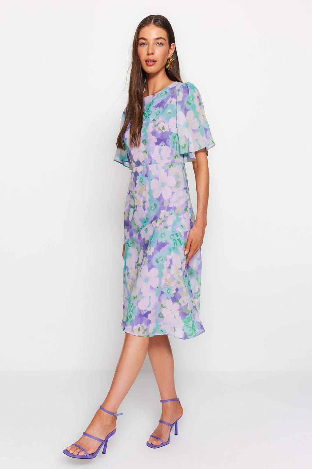 TRENDYOLMILLA Lila Cicek Desenli A Kesim Astarl? Midi Dokuma Elbise TWOSS20EL0908 фото 2