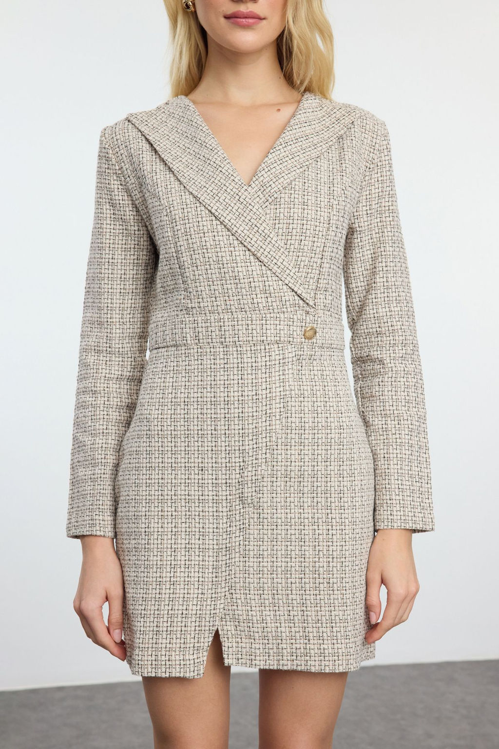 Trendyolmilla Bej Ekose / Kareli Dokuma Elbise TWOAW24EL00339 фото 17