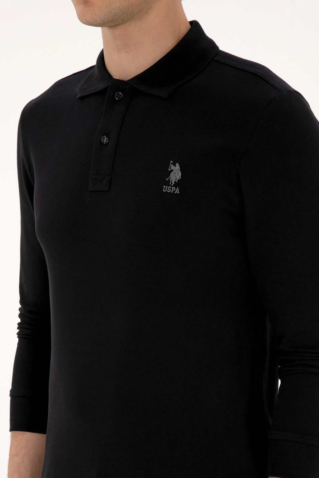 Erkek Regular Fit Polo Yaka Siyah Basic Sweatshirt