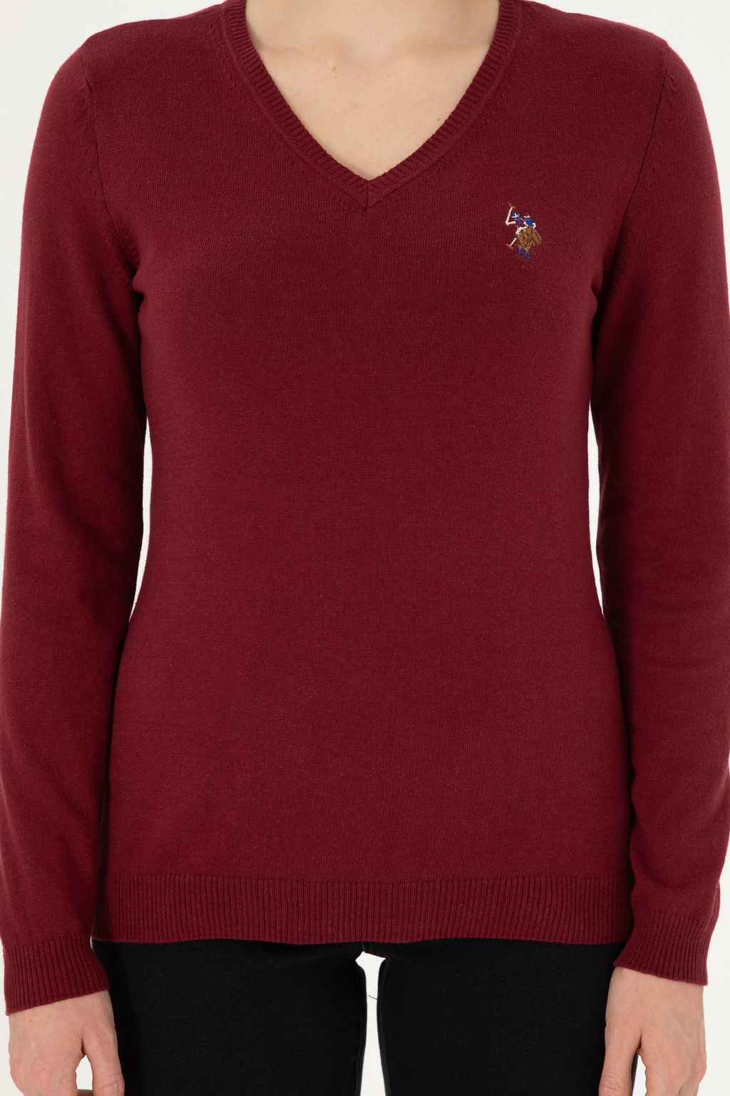 Женский бордовый базовый свитер с v-образным вырезом Неожиданная скидка в корзине - U.s. polo assn фото 6