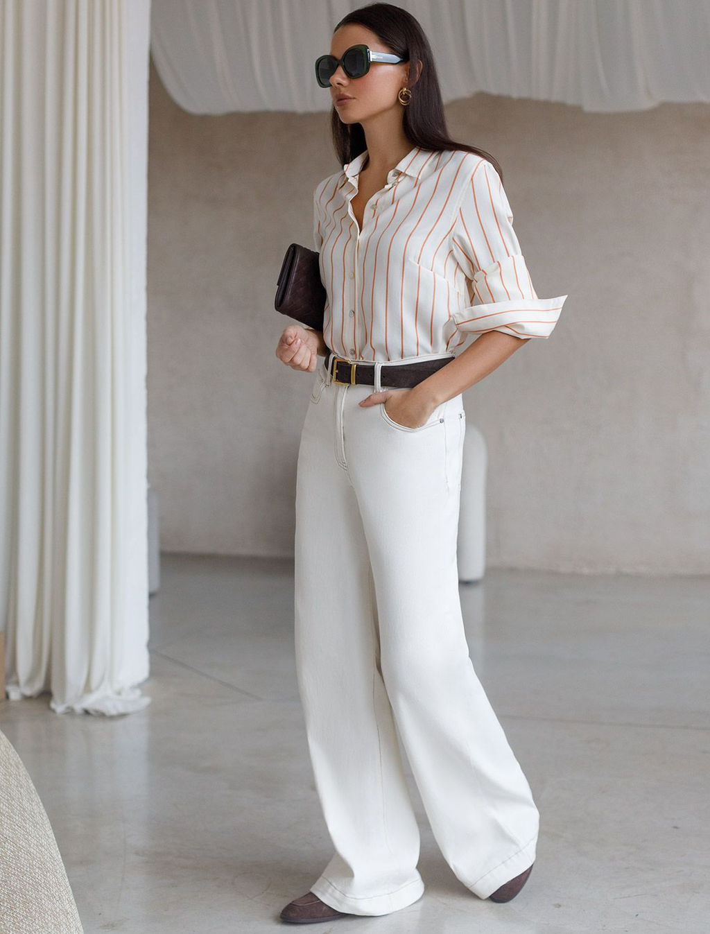 Блузка свободного силуэта в тонкую полоску из эластичного хлопка - Vilatte фото 5