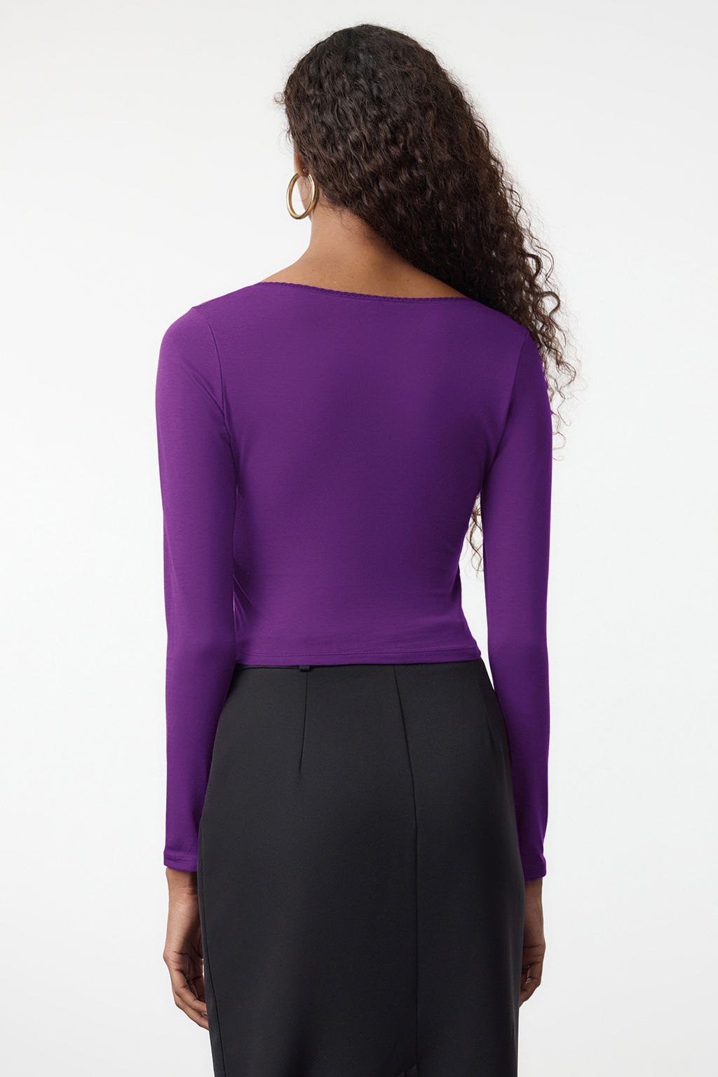 Murdum Derin Kruvaze Yaka Dantel Detayl? Uzun Kol Crop Pamuklu Esnek Orme Bluz TWOAW24BZ00291