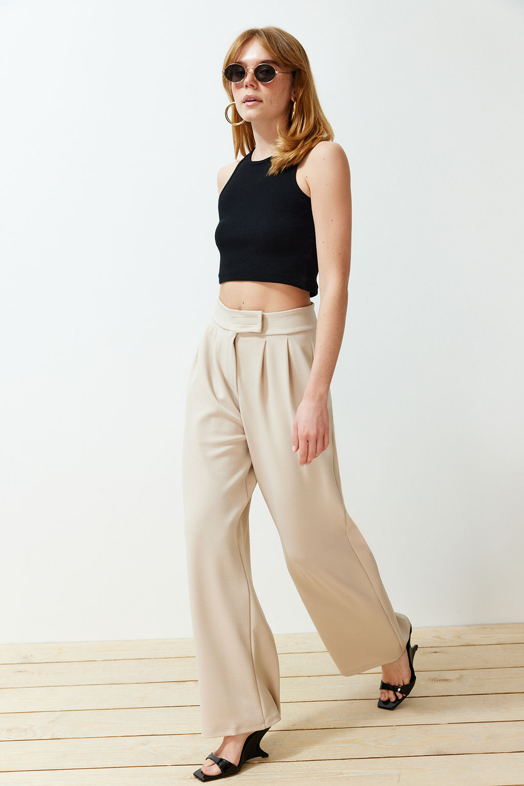 TRENDYOLMILLA Siyah C?rt C?rt Kapamal? Yuksek Bel Pileli Wide Leg/Genis Kesim Orme Pantolon TWOAW24PL00177 фото 7