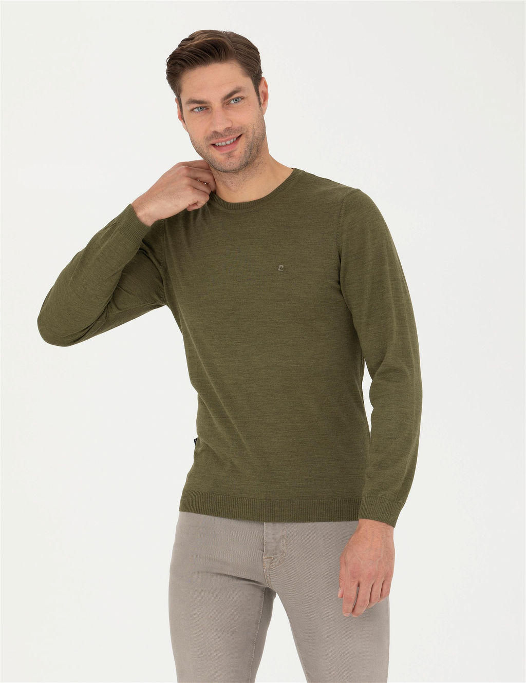 A__k Ye_il Slim Fit Bisiklet Yaka Y_n Kar___ml_ Basic Triko Kazak