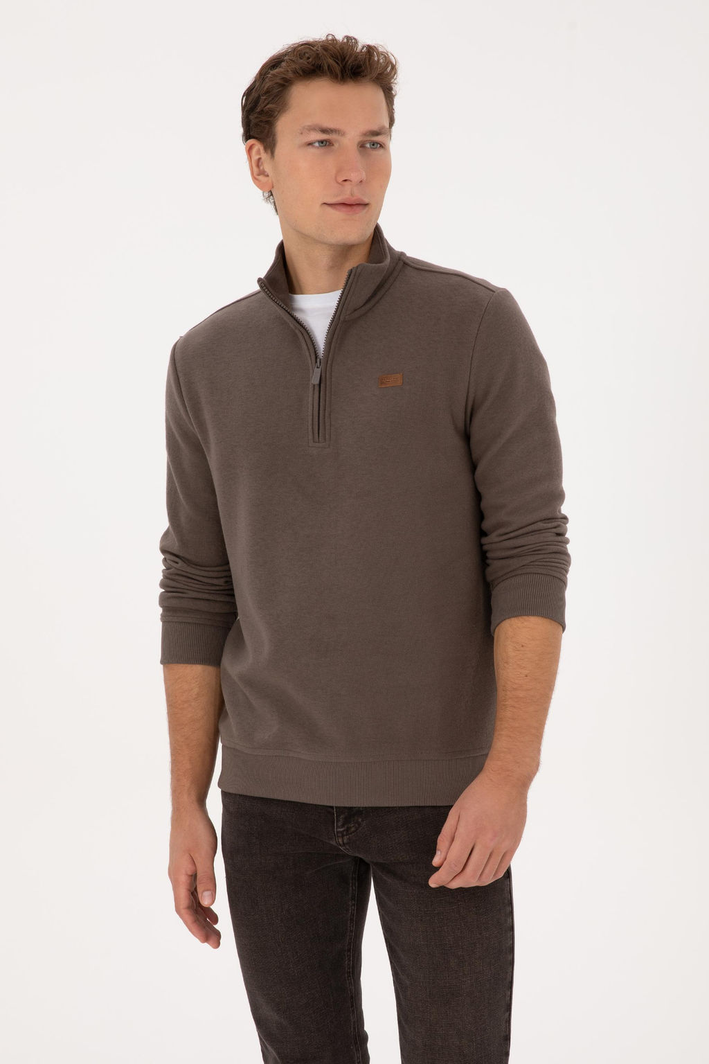 Erkek Regular Fit Yar_m Fermuarl_ Vizon Basic Sweatshirt