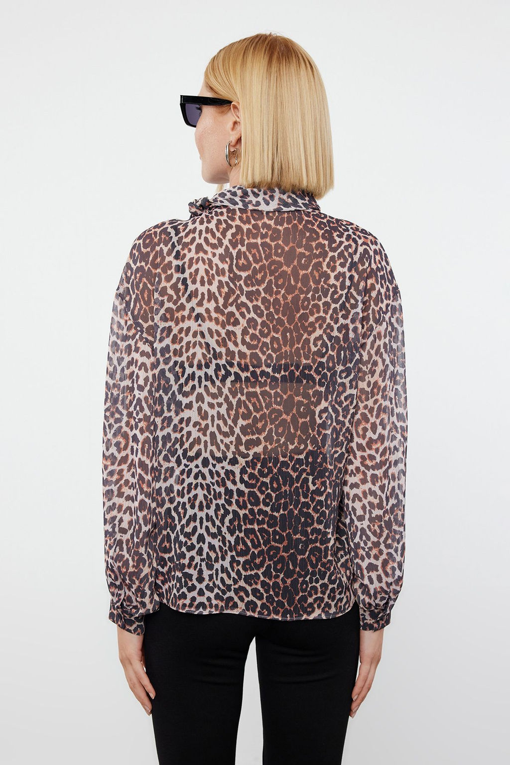 Kahverengi Leopar Desenli Sifon Dik Yaka Dokuma Bluz TWOAW25BZ00043 - Trendyolmilla фото 5