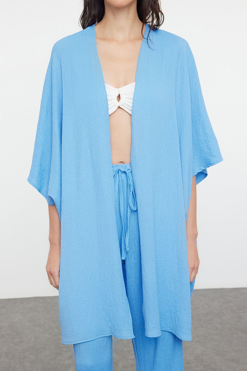 Mavi Dokuma Burumcuk Kimono Pantolon Plaj Tak?m TBESS23AU00149