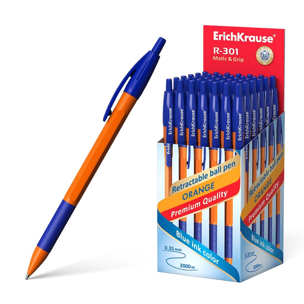 Цена за 50 шт. Ручка шариковая автоматическая ErichKrause R-301 Matic&Grip Orange 0.7, цвет чернил синий (в коробке по 50 шт.)