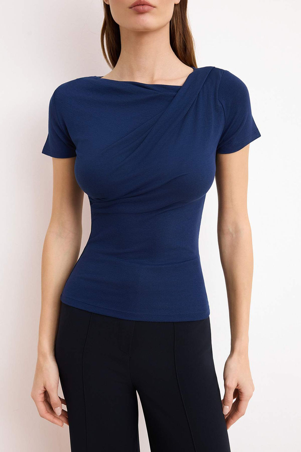 Lacivert Buzgu/Drape Detayl? Fitted/Vucuda Oturan Orme Bluz TWOSS25BZ00278