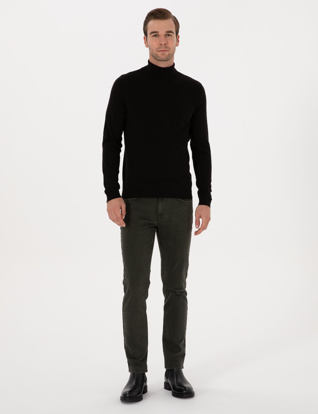 Siyah Slim Fit Bal_k__ Yaka Pamuk Kar___ml_ Basic Triko Kazak