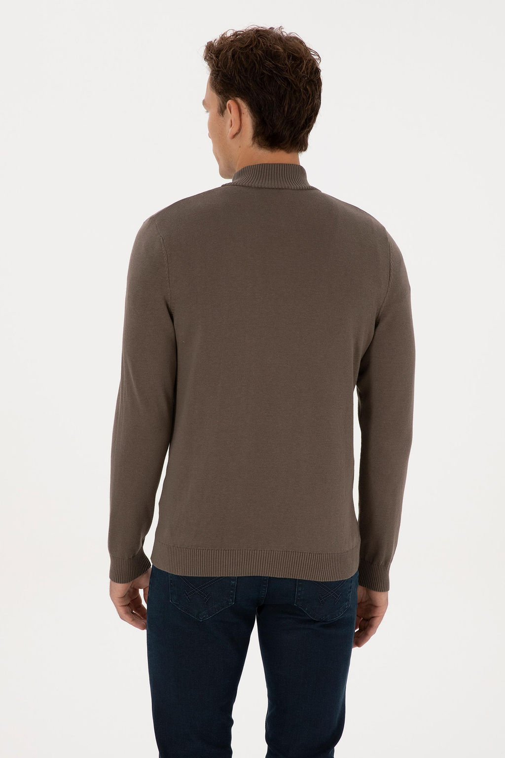 Erkek Slim Fit Yar_m Fermuarl_ Vizon Basic Kazak