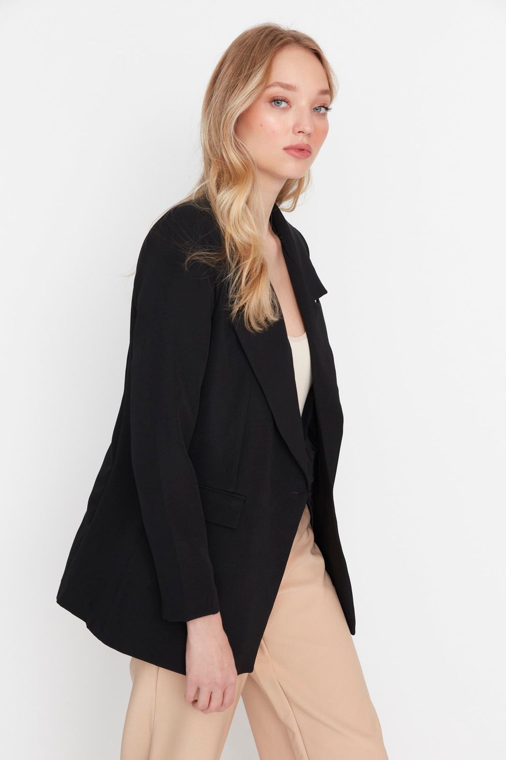 Siyah Regular Astarl? Kruvaze Kapama Dokuma Blazer Ceket TWOSS20CE0059