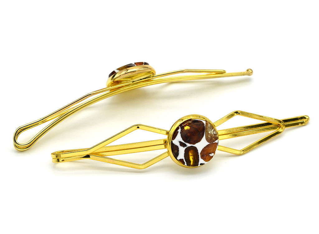 Заколка для волос с янтарем мозаика 14*70мм цв.золотистый