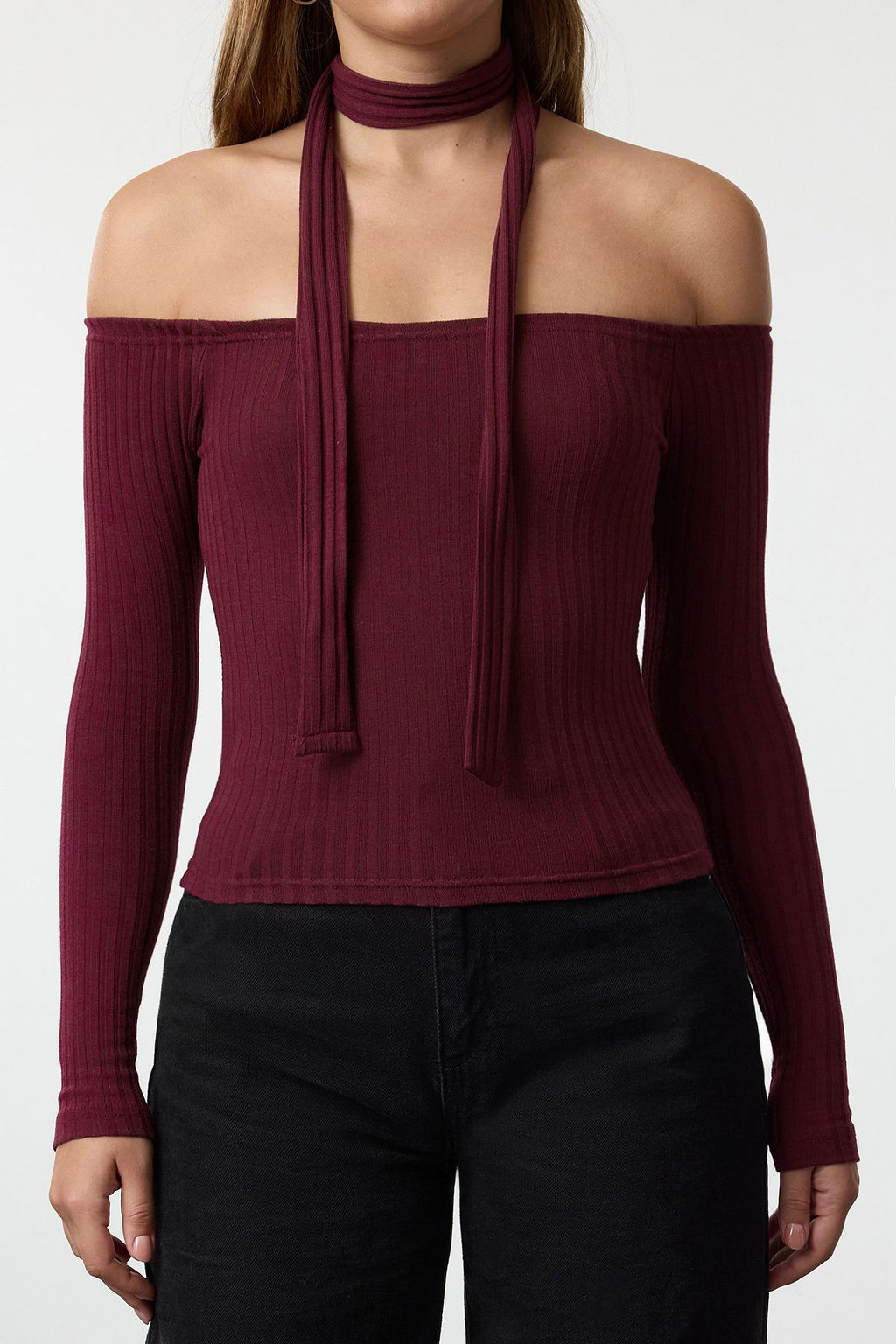 Bordo Fitilli Carmen Yaka Sal Detayl? Fitted/Vucuda Oturan Crop Esnek Orme Bluz TWOAW24BZ00354