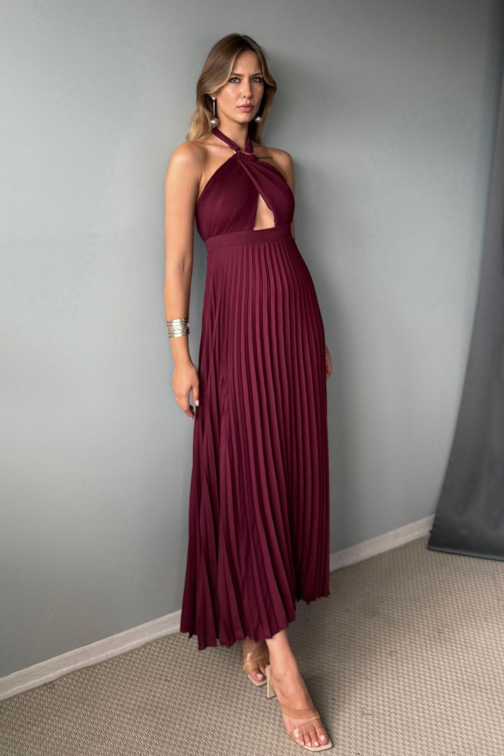 Bordo Piliseli Cut Out Aksesuar Detayl? Sifon Midi Astarl? Elbise TPRSS25EL00327