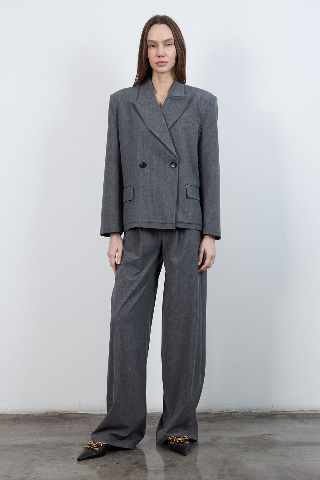 Antrasit Kemerli Cizgili Wide Leg/Genis Paca Pantolon TWOAW26PL00110