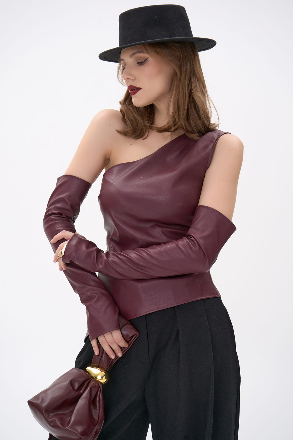 Кожаный топ с рукавами Рикси (бордовый)