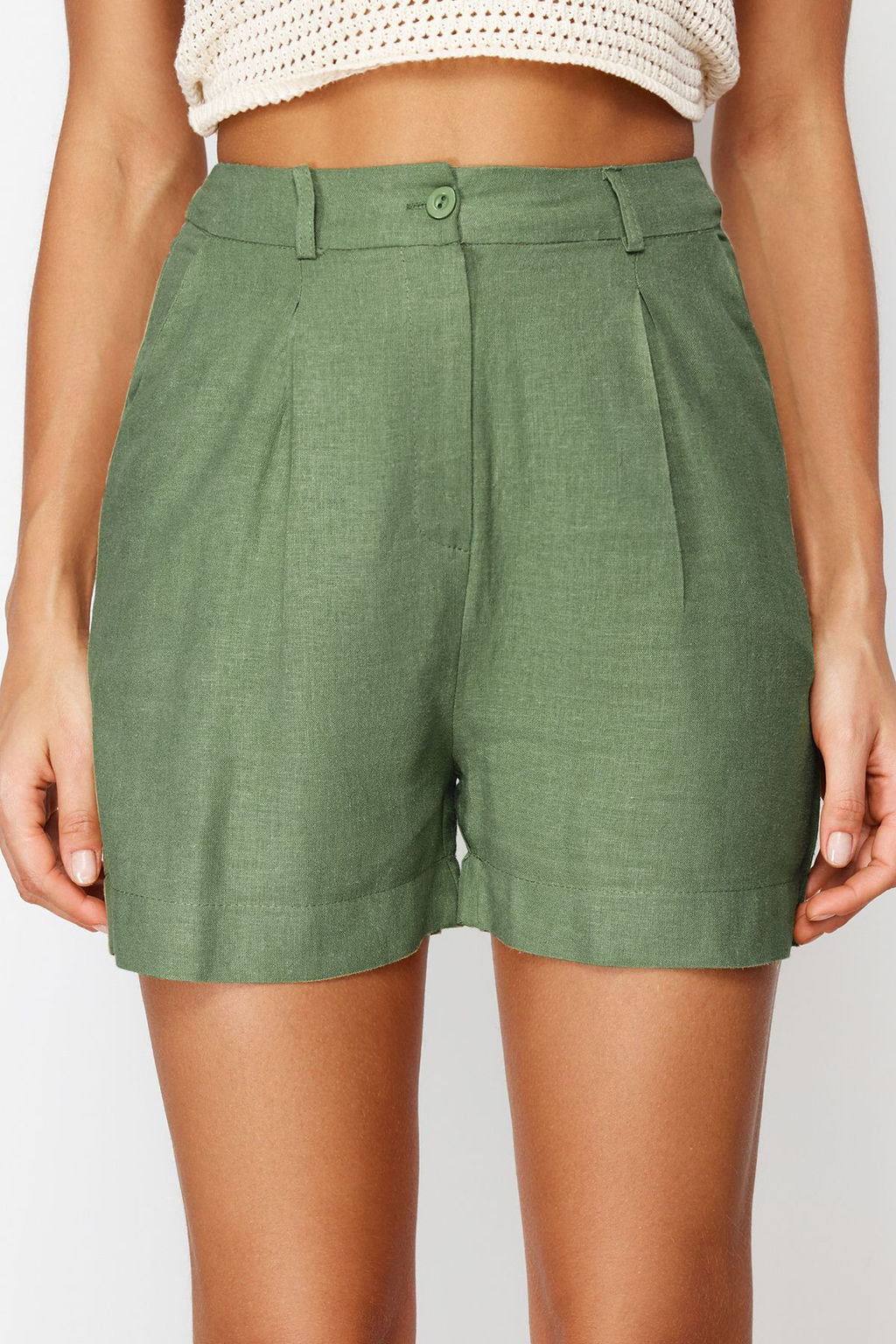 TRENDYOLMILLA Yesil Pile ve Cep Detayl? Pamuk Keten Dokuma Sort TWOSS24SR00064 фото 5