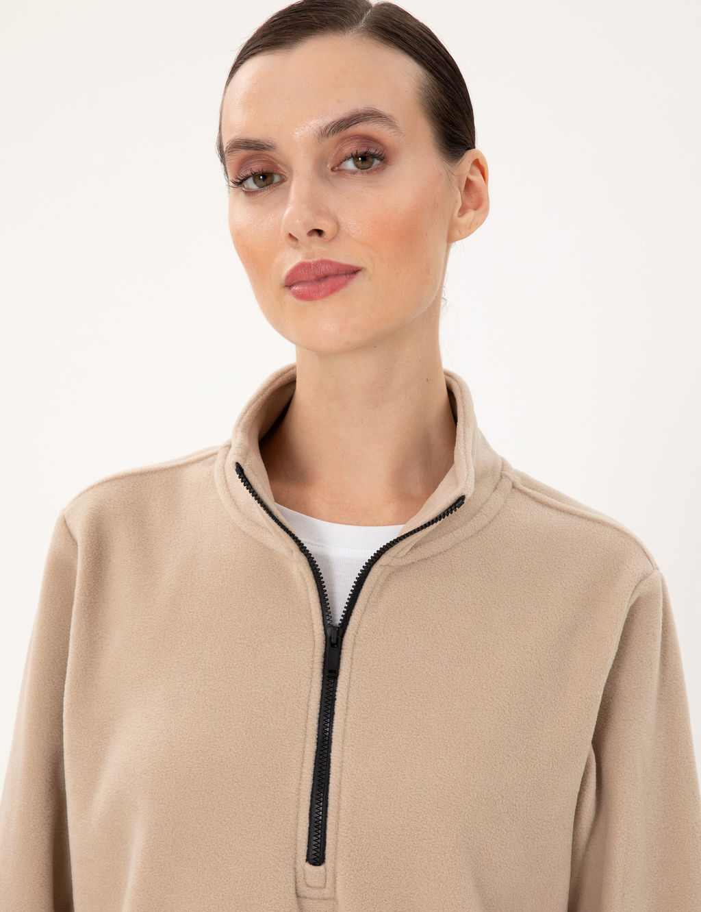 Bej Comfort Fit Fermuarl_ Polar Sweatshirt