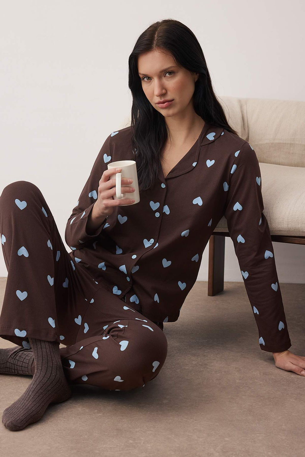 Kahverengi-Mavi %100 Pamuklu Kalp Desenli Orme Pijama Tak?m? THMAW21PT0548