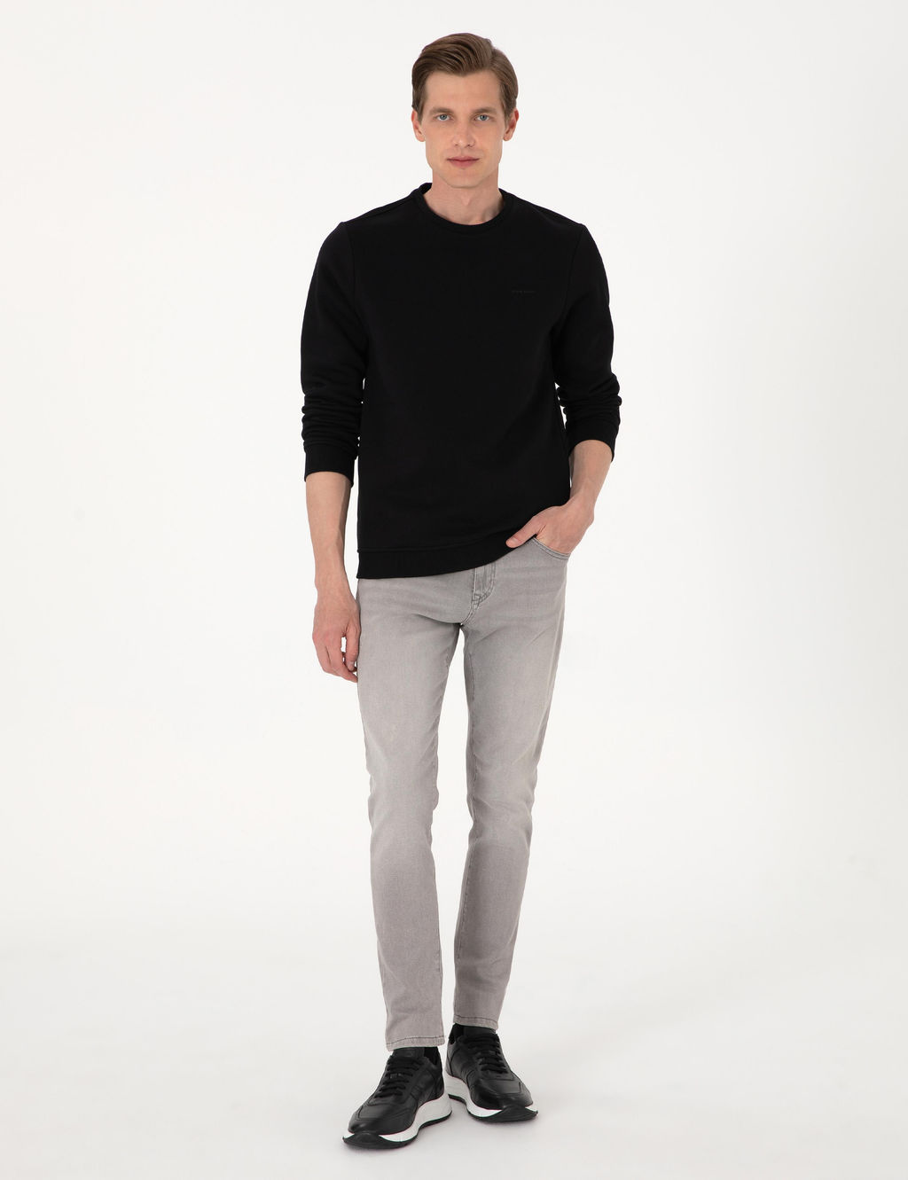 Siyah 3 _plik Regular Fit __i Polarl_ Bisiklet Yaka Basic Sweatshirt