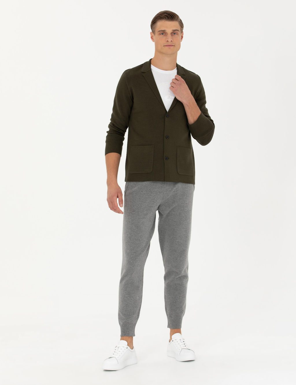 Трикотажный кардиган приталенного кроя цвета хаки с V-образным вырезом - Cacharel фото 4