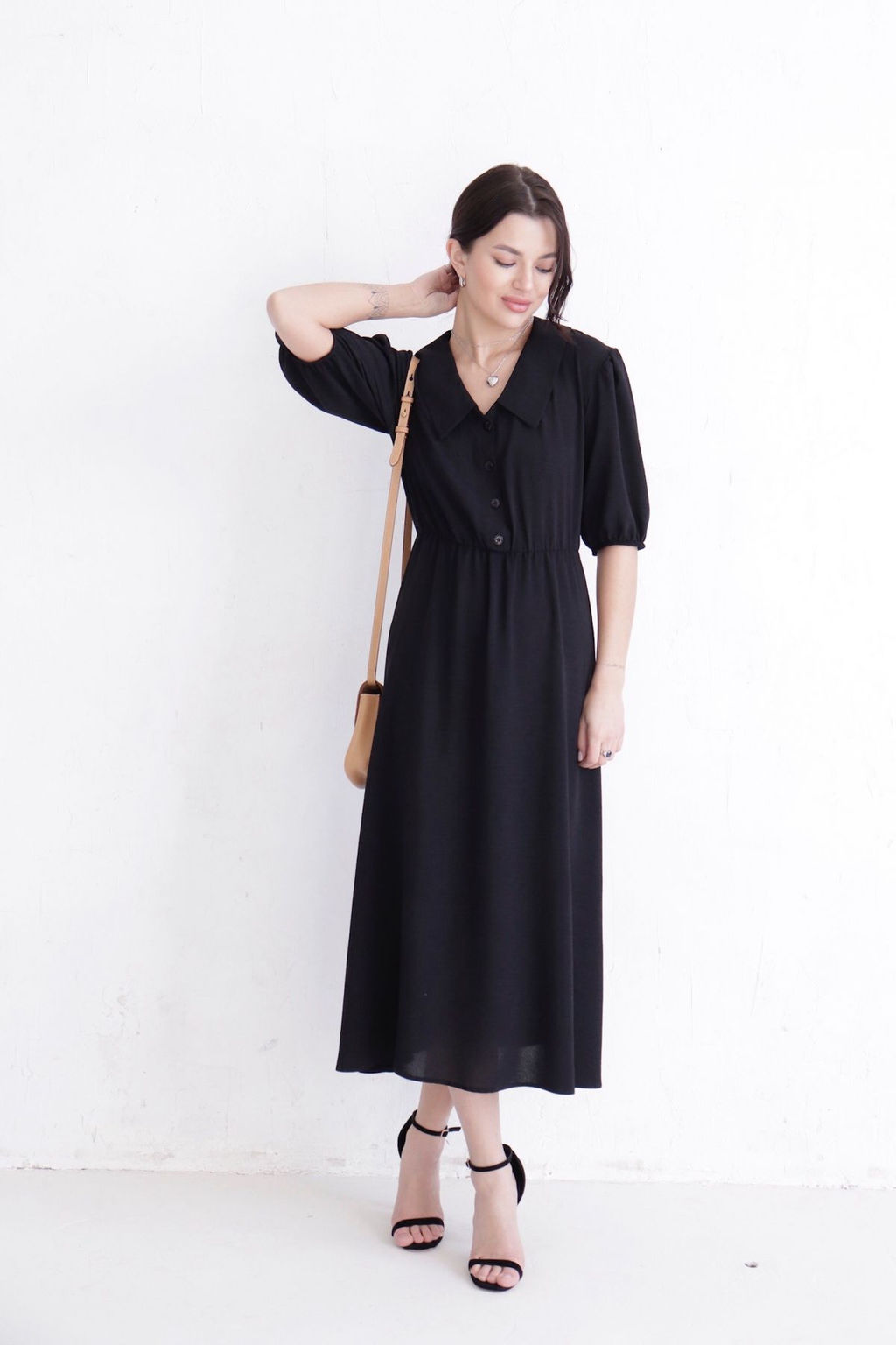 Платье-миди с отложным воротником чёрное - Martichelli фото 2