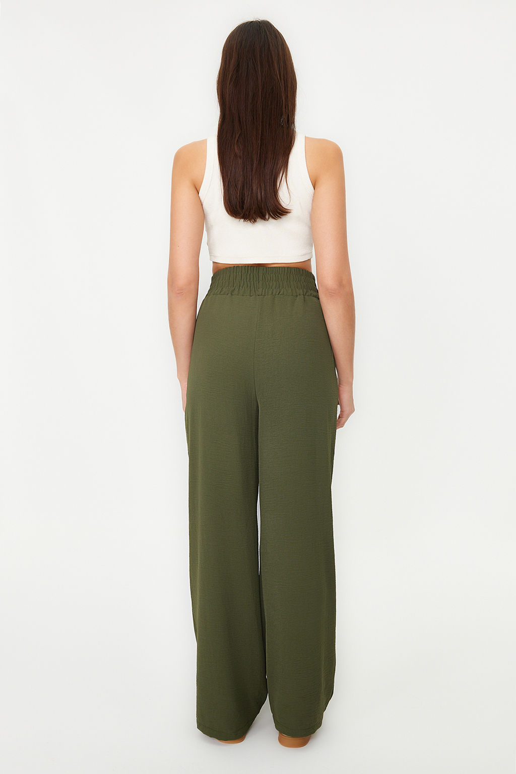 Haki Wide Leg/Genis Paca Beli Lastikli Dokuma Pantolon TWOSS22PL00024