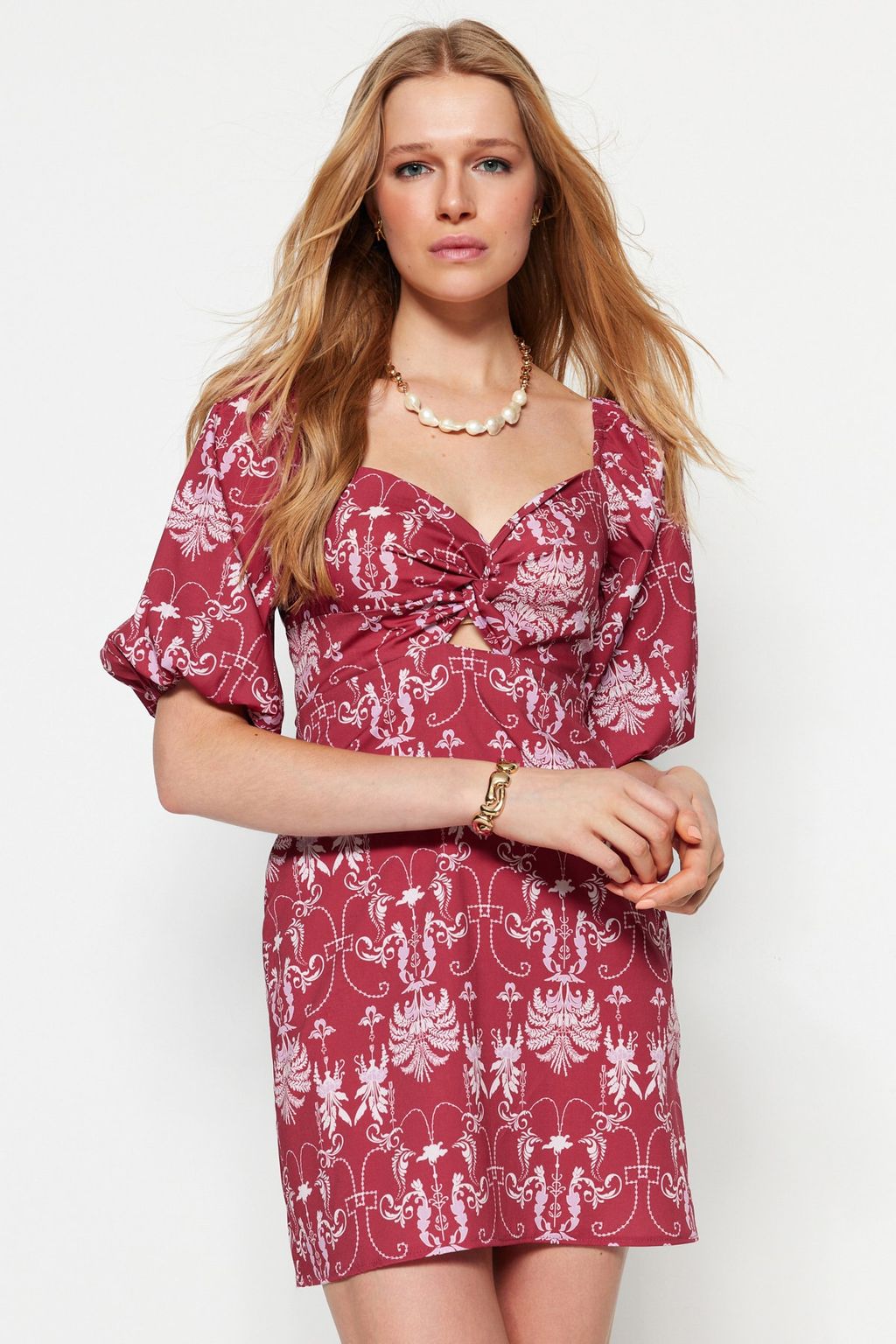 Bordo Duz Kesim Mini Pamuklu Kalp Yaka Desenli Dokuma Elbise TWOSS23EL00284 - Trendyolmilla фото 5