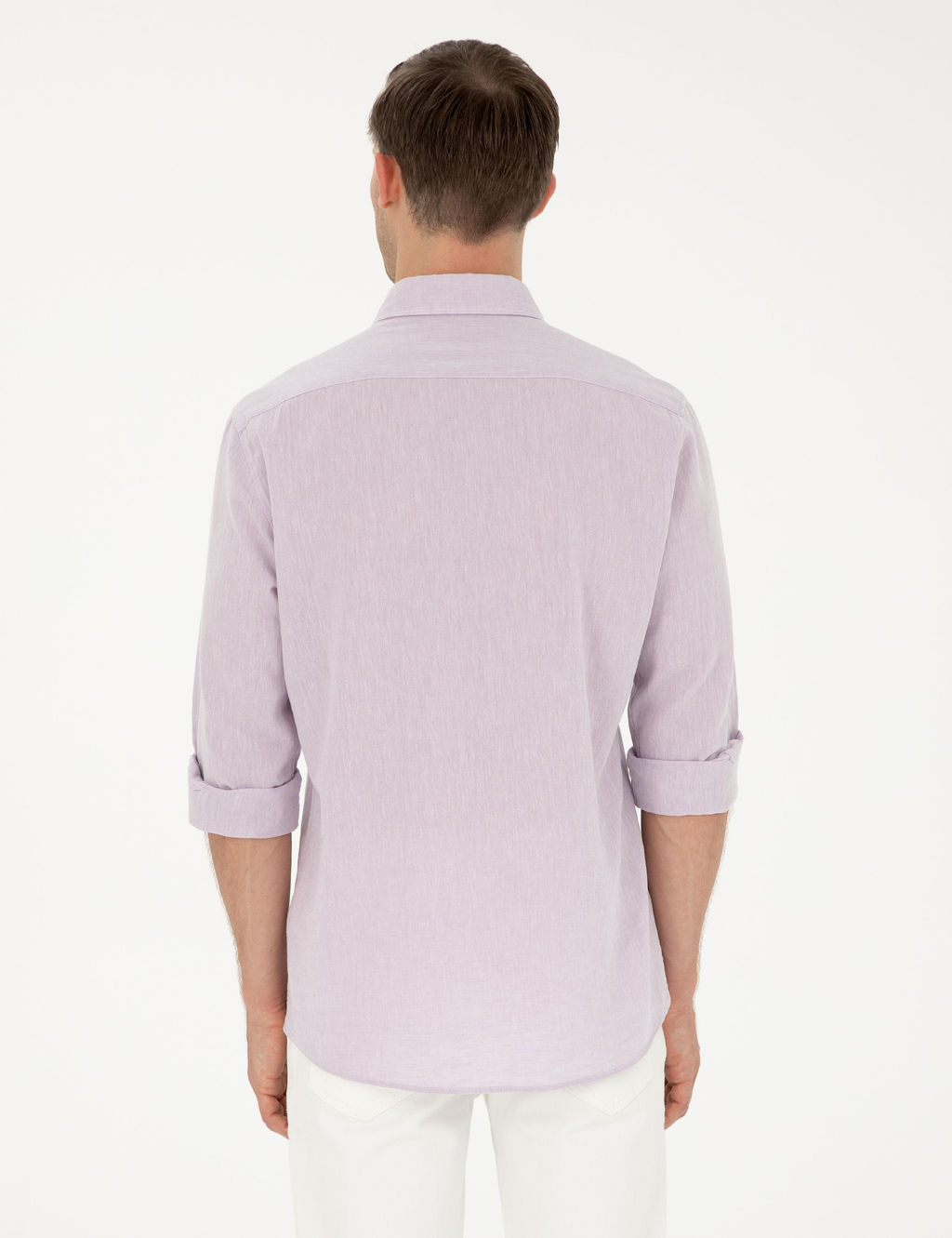 Рубашка приталенного кроя из смесового льна сиреневого цвета с длинным рукавом - Cacharel фото 12