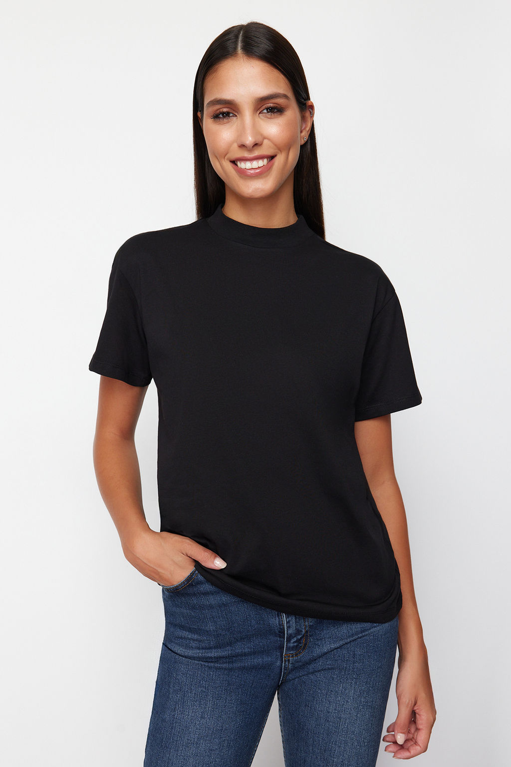 Pembe-Siyah 2li Paket %100 Pamuk Basic Dik Yaka Orme T-Shirt TWOSS20TS1500