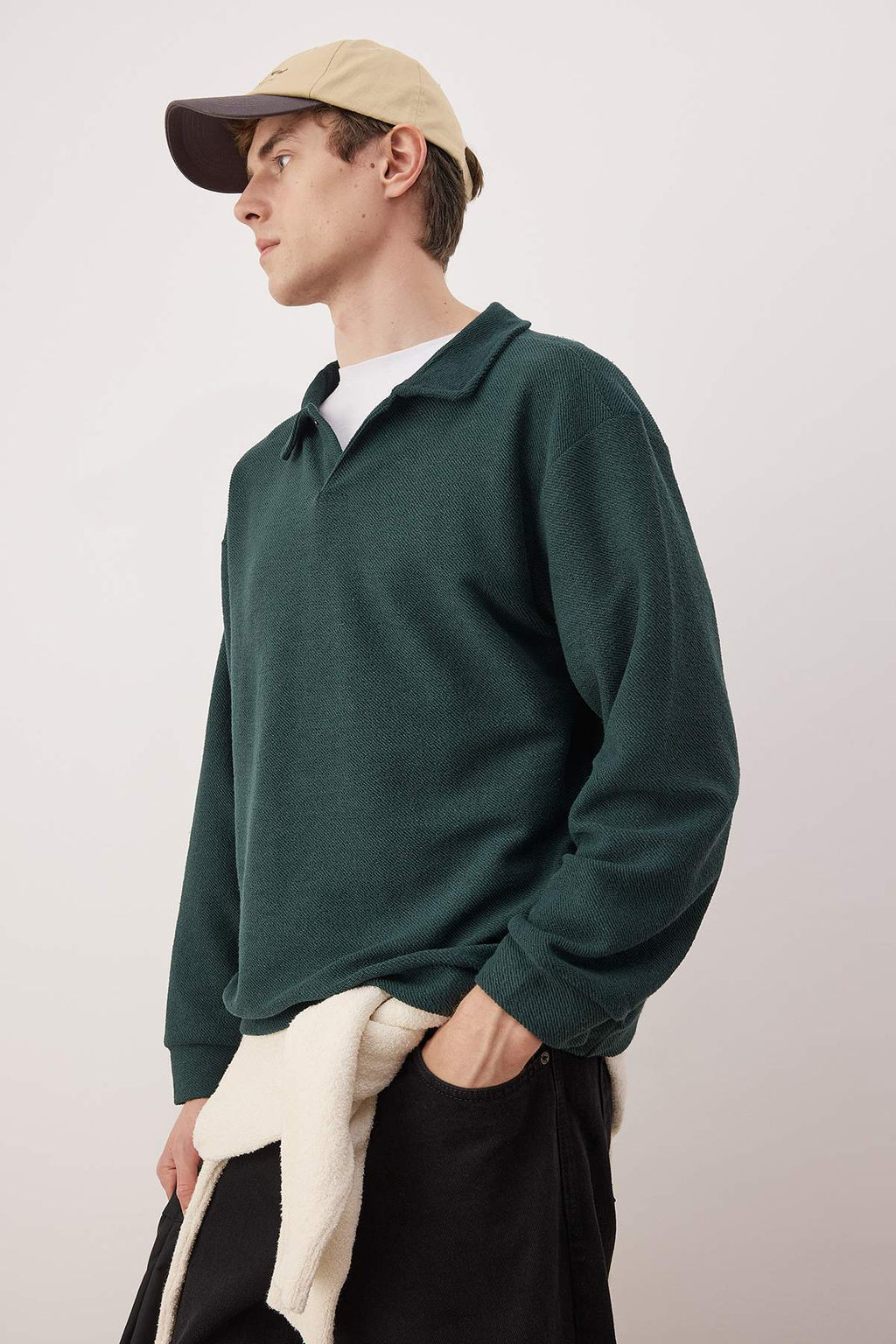 Petrol Yesili Yeni Oversize/Genis Kesim Polo Yaka Kal?n C?tc?tl? Sweatshirt TMNAW26SW00051