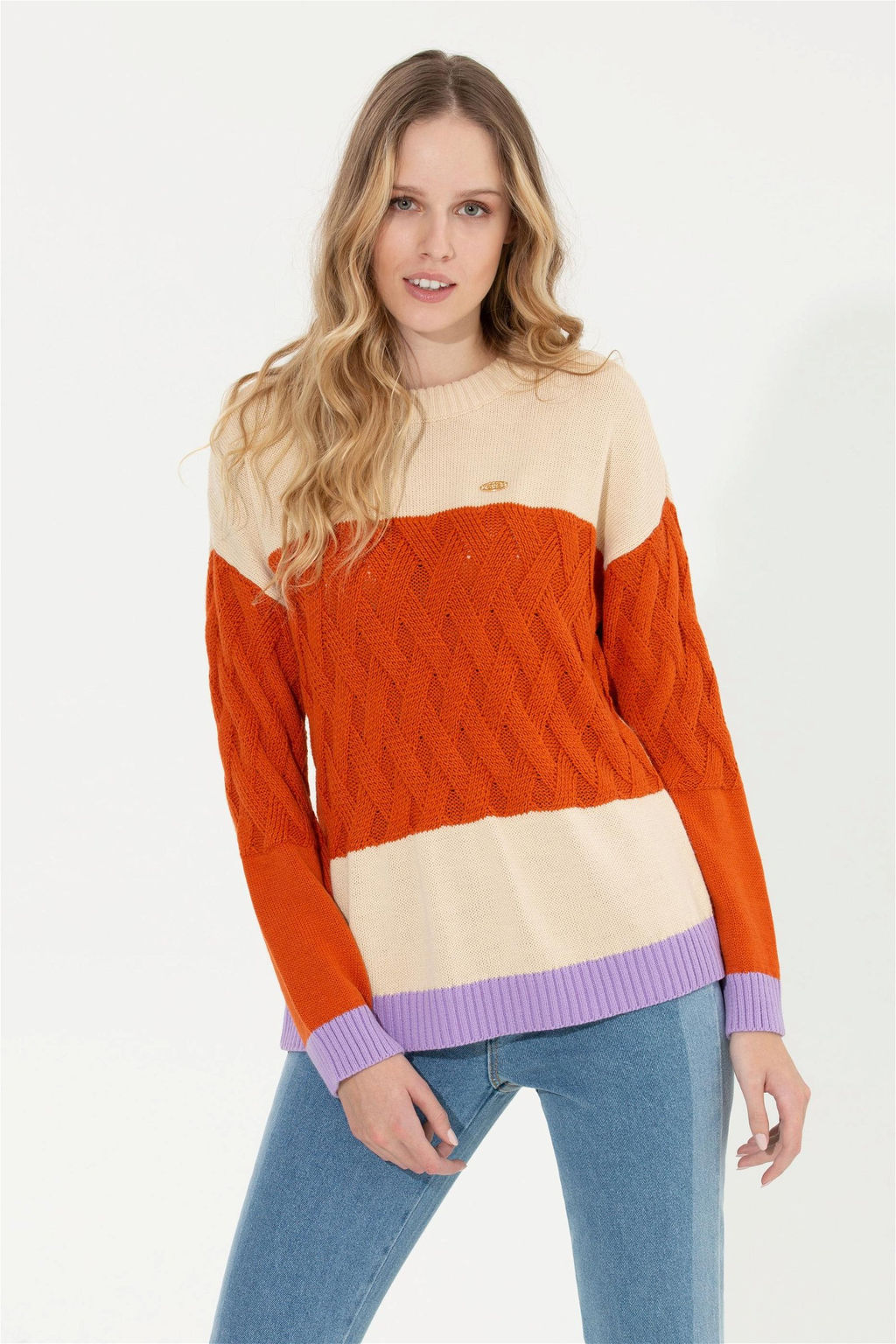 U. S. Polo Assn Женский кремовый меланжевый свитер с круглым вырезом - U.s. polo assn фото 8