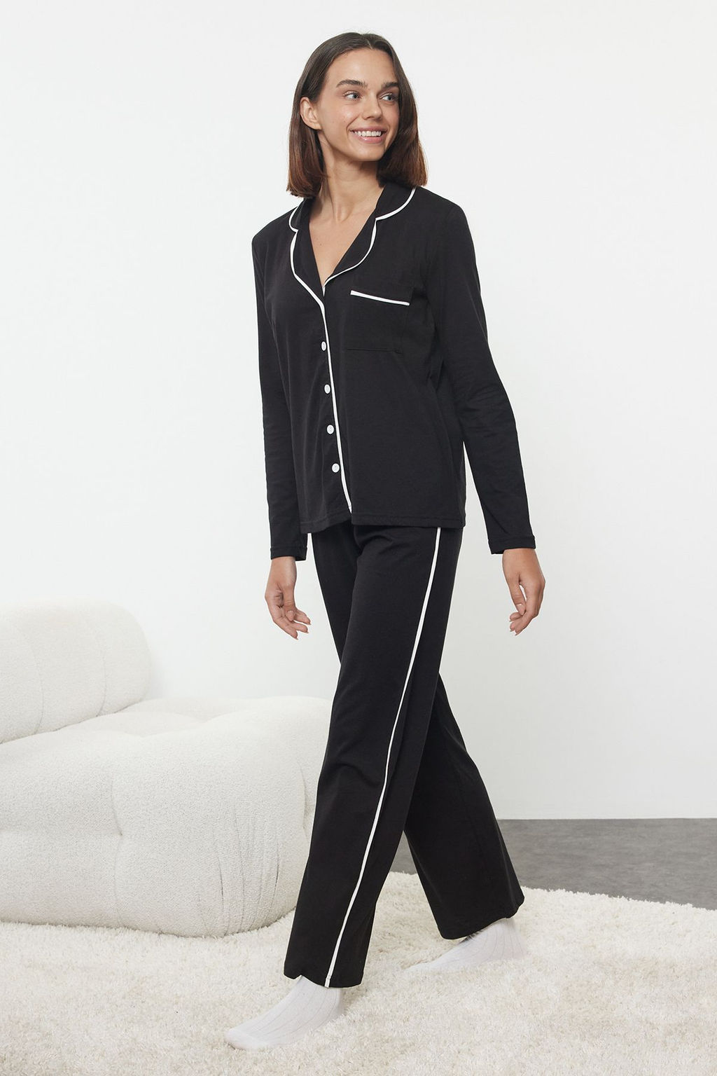 Siyah %100 Pamuklu Biye Detayl? Orme Pijama Tak?m? THMAW25PT00105 - Trendyolmilla фото 2